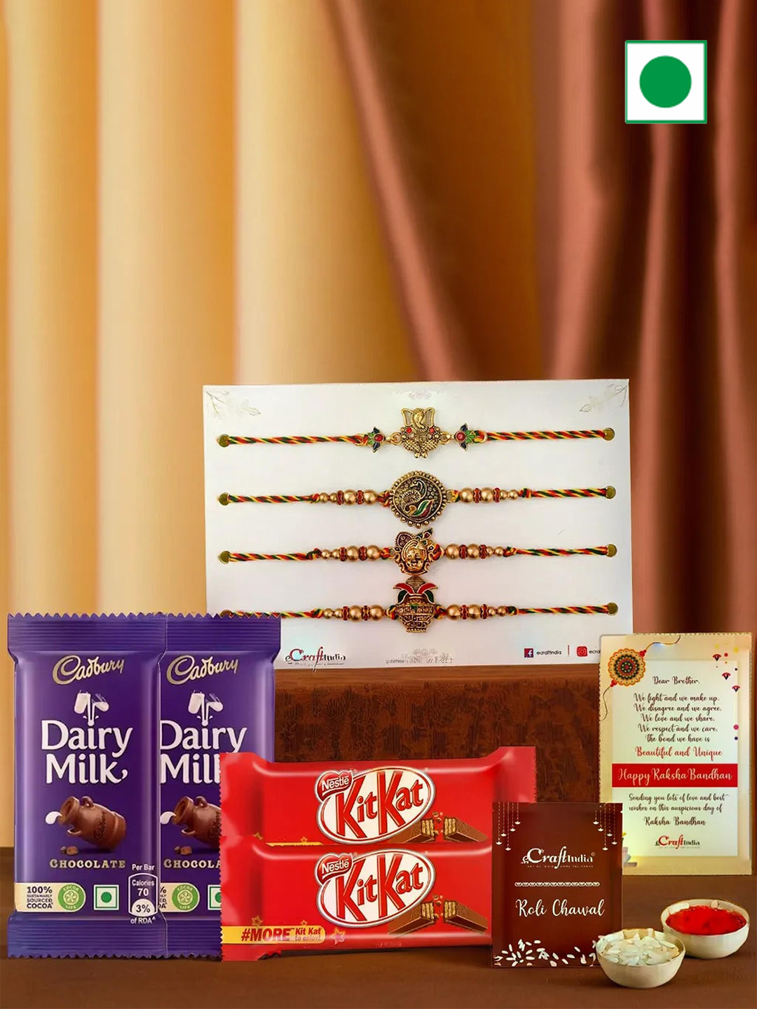 eCraftIndia Set of 4 Lord Ganesha  Rakhis With Chocolates & Greeting Card with Roli Chawal
