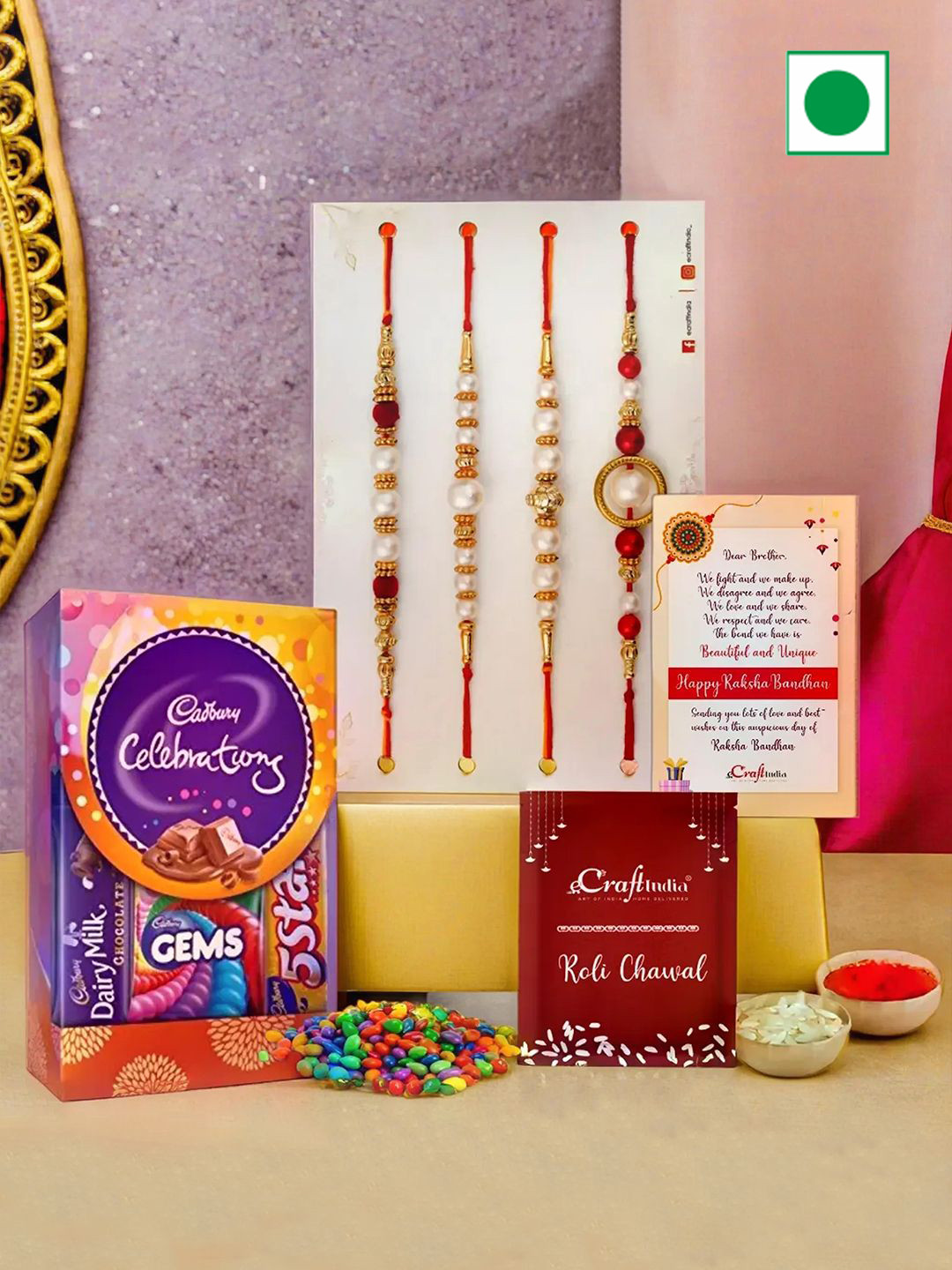 eCraftIndia Set Of 4 Rakhi With Chocolate Box & Greeting Card with Roli Chawal