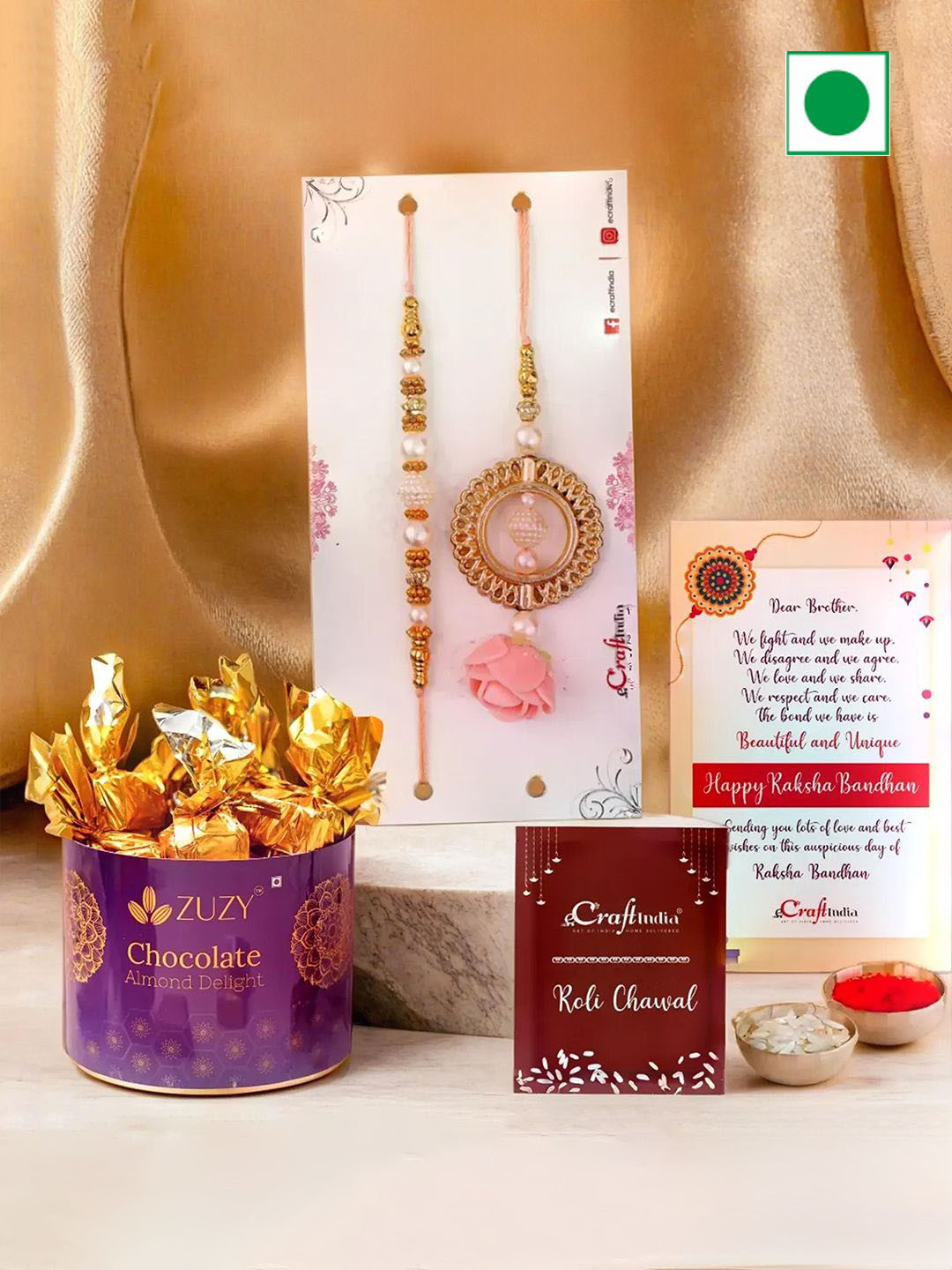 eCraftIndia Floral Designer Rakhis With Chocolate & Greeting Card with Roli Chawal