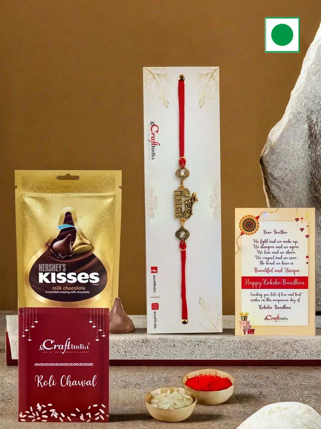 eCraftIndia Beaded Rakhis with Chocolate & Greeting Card with Roli Chawal
