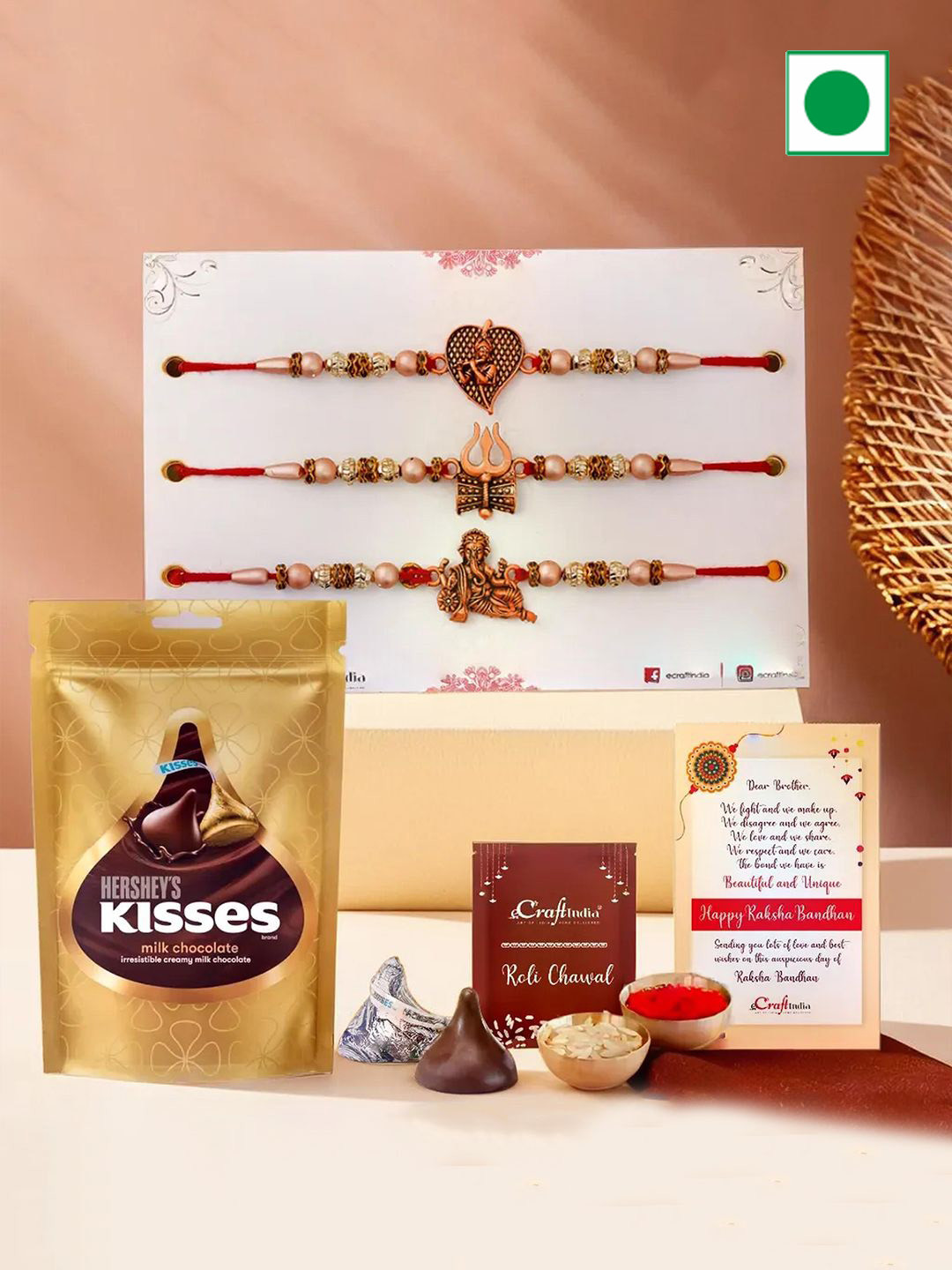 eCraftIndia Set of 3 Trishul Damru Ganesha Krishna Flute Rakhi With Chocolate Gift Set