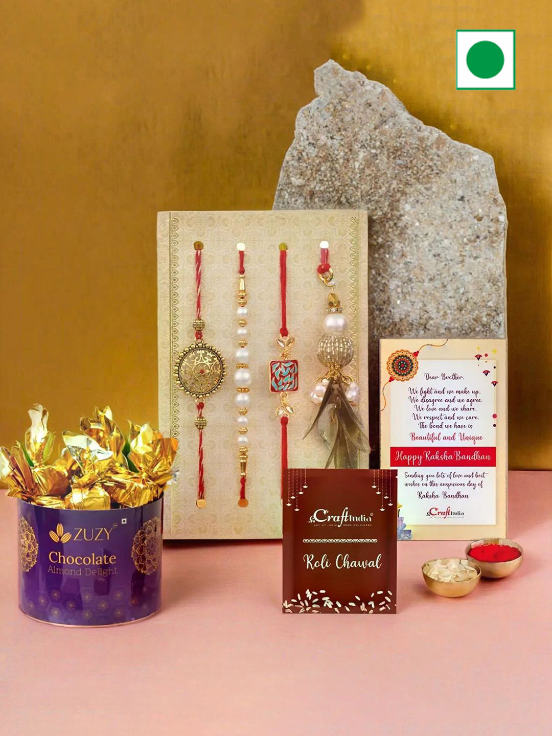 eCraftIndia Set of 4 Designer Rakhis With Chocolate Box & Greeting Card with Roli Chawal
