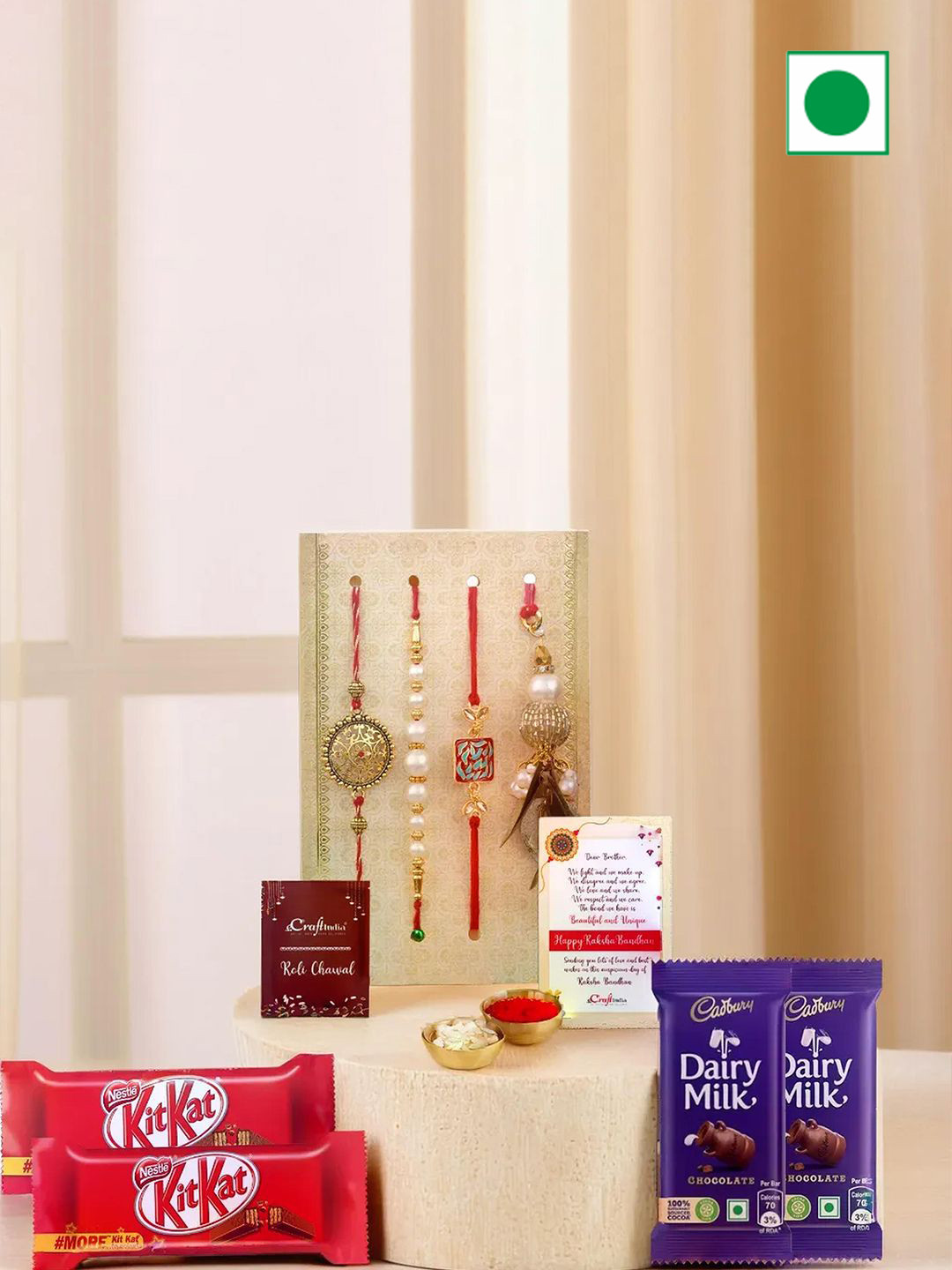 eCraftIndia Set Of 10 Beaded Rakhis With Chocolates & Roli Chawal