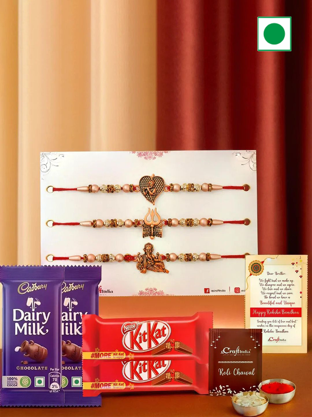 eCraftIndia Trishul Damru Ganesha Krishna Rakhis & Kitkat Cadbury Chocolate & Roli Chawal