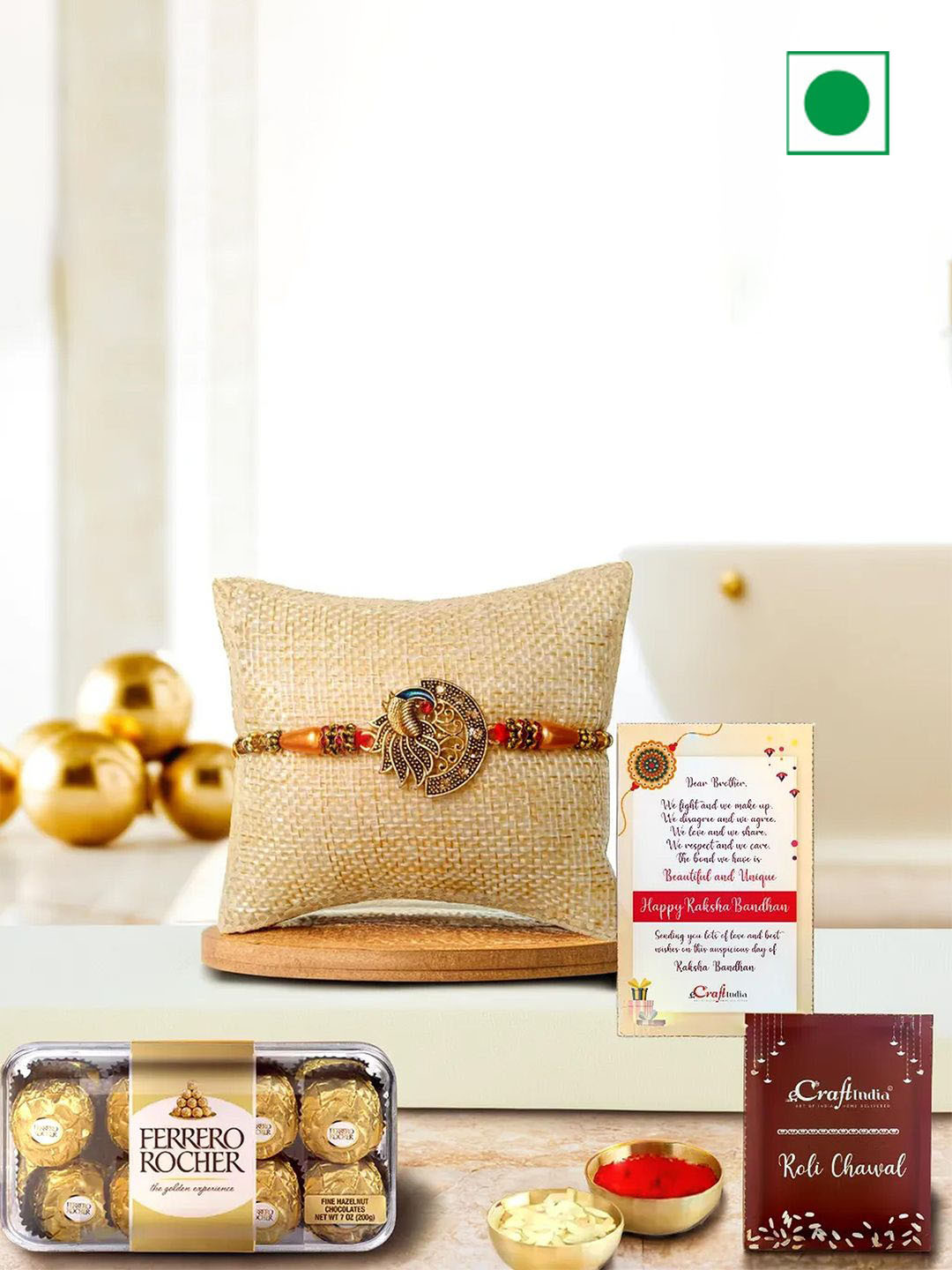 eCraftIndia Designer Peacock Rakhi With Ferrero Rocher Chocolate Gift Set