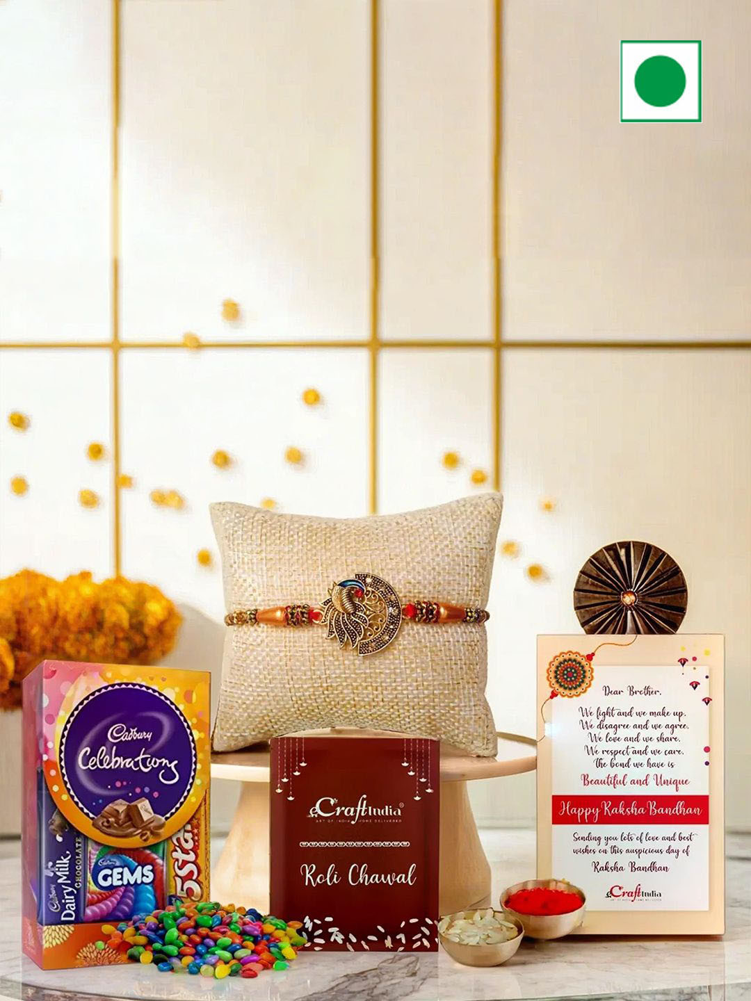 eCraftIndia Peacock Rakhi With Cadbury Chocolates & Greeting Card with Roli Chawal