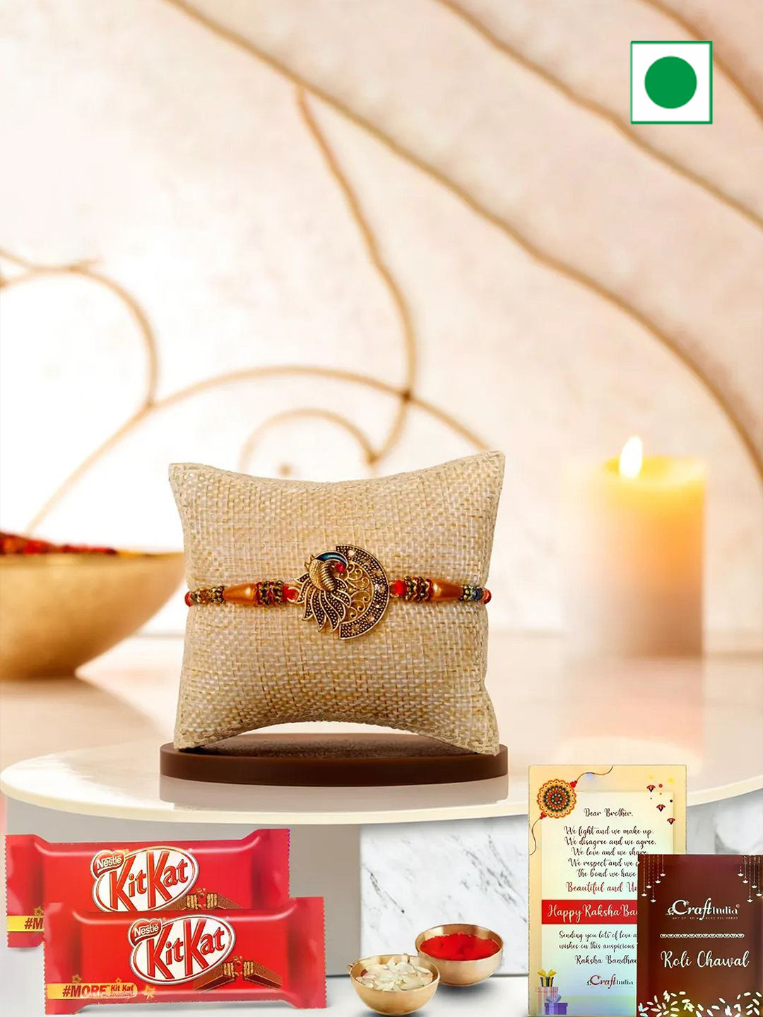 eCraftIndia Set Of 5 Rakhi With 2Pcs Chocolate & Card With Roli Chawal Chocolate Gift Set