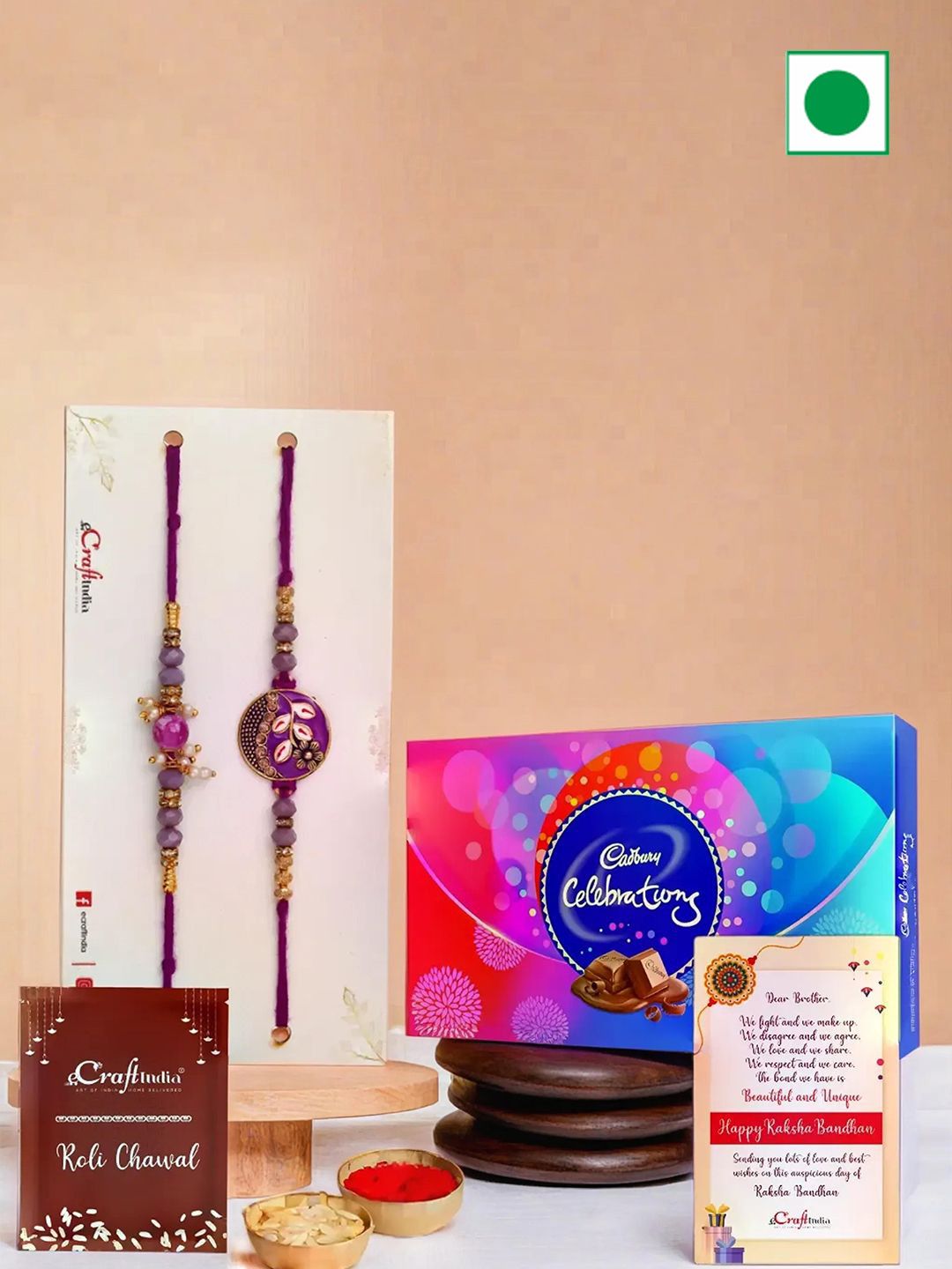 eCraftIndia Set Of 2 Rakhis With Cadbury Chocolates & Greeting Card with Roli Chawal