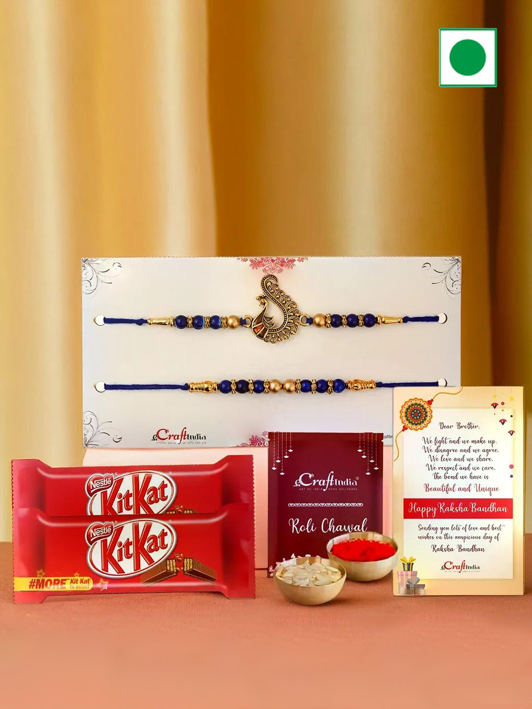 eCraftIndia Set of 2 Blue Golden PearlPeacock Designer Rakhi With Kitkat