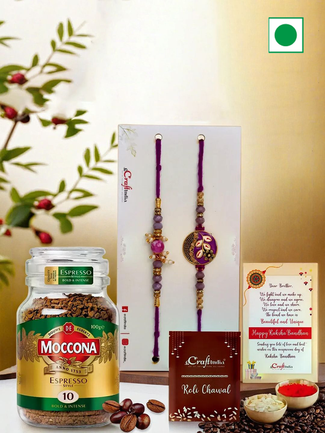 eCraftIndia Set of 2 Rakhis with Coffee Powder & Greeting Card With Roli Chawal