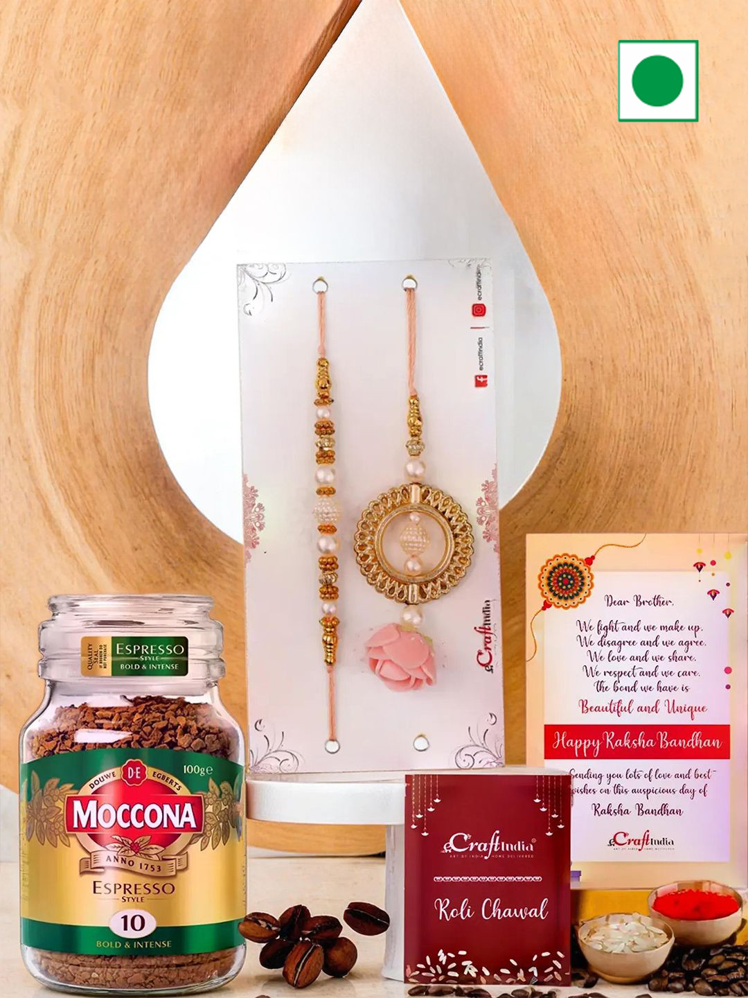 eCraftIndia Bhaiya Bhabhi Rakhis with Coffee Powder & Greeting Card With Roli Chawal
