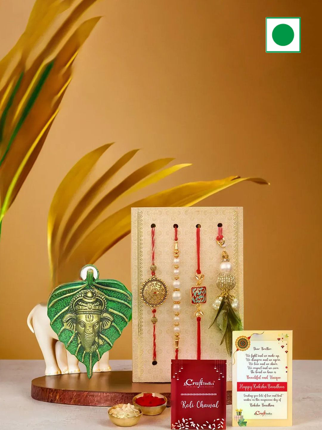 eCraftIndia Set of 4 Floral Lumba Designer Bhaiya Bhabhi Rakhis With Wall Hanging