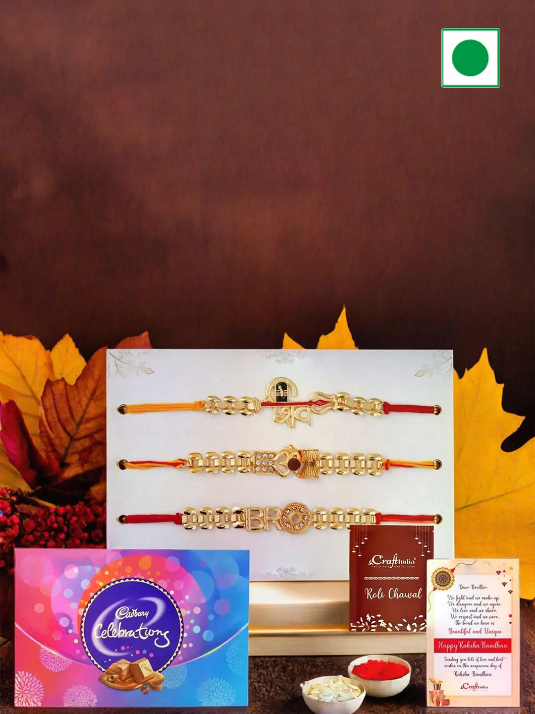 eCraftIndia Set of 3 Rakhis with Celebrations Box & Greeting Card With Roli Chawal