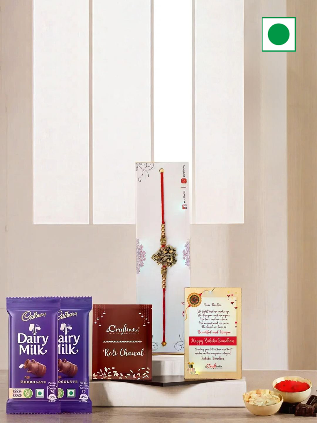eCraftIndia Lord Ganesha Rakhi With Cadbury & Greeting Card with Roli Chawal