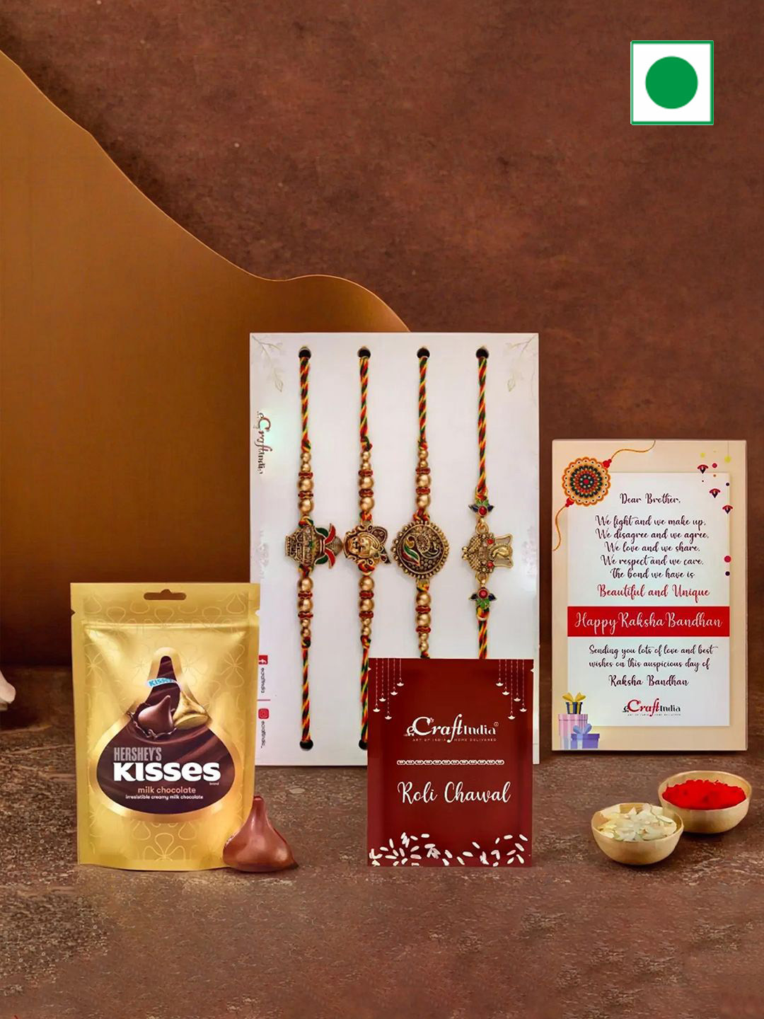 eCraftIndia Set of 4 Rakhis with Chocolates & Greeting Card With Roli Chawal
