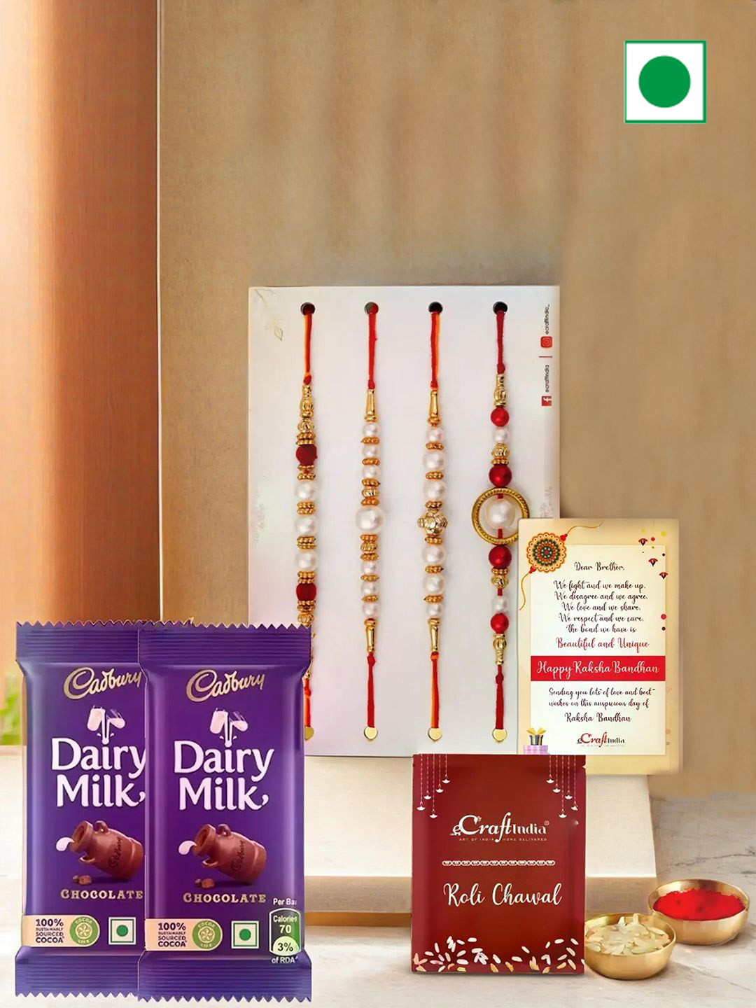 eCraftIndia Set of 4 Rakhis With Chocolates & Greeting Card With Roli Chawal