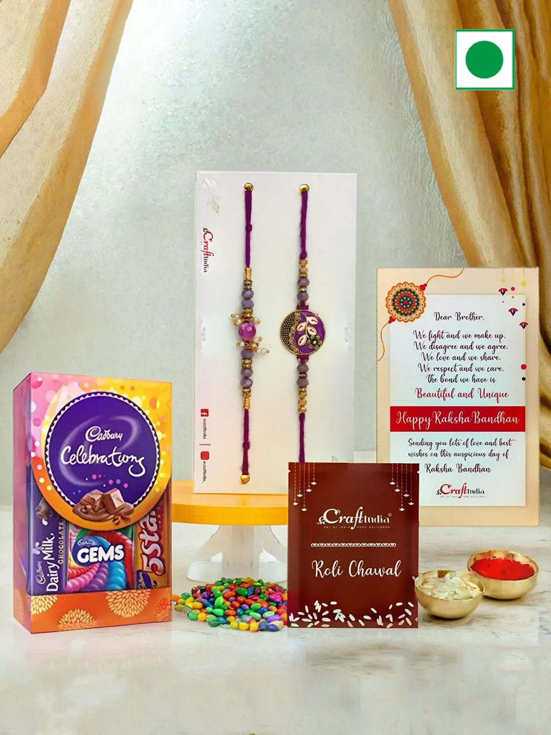 eCraftIndia Set of 2 Floral Rakhis With Celebrations Box & Greeting Card With Roli Chawal