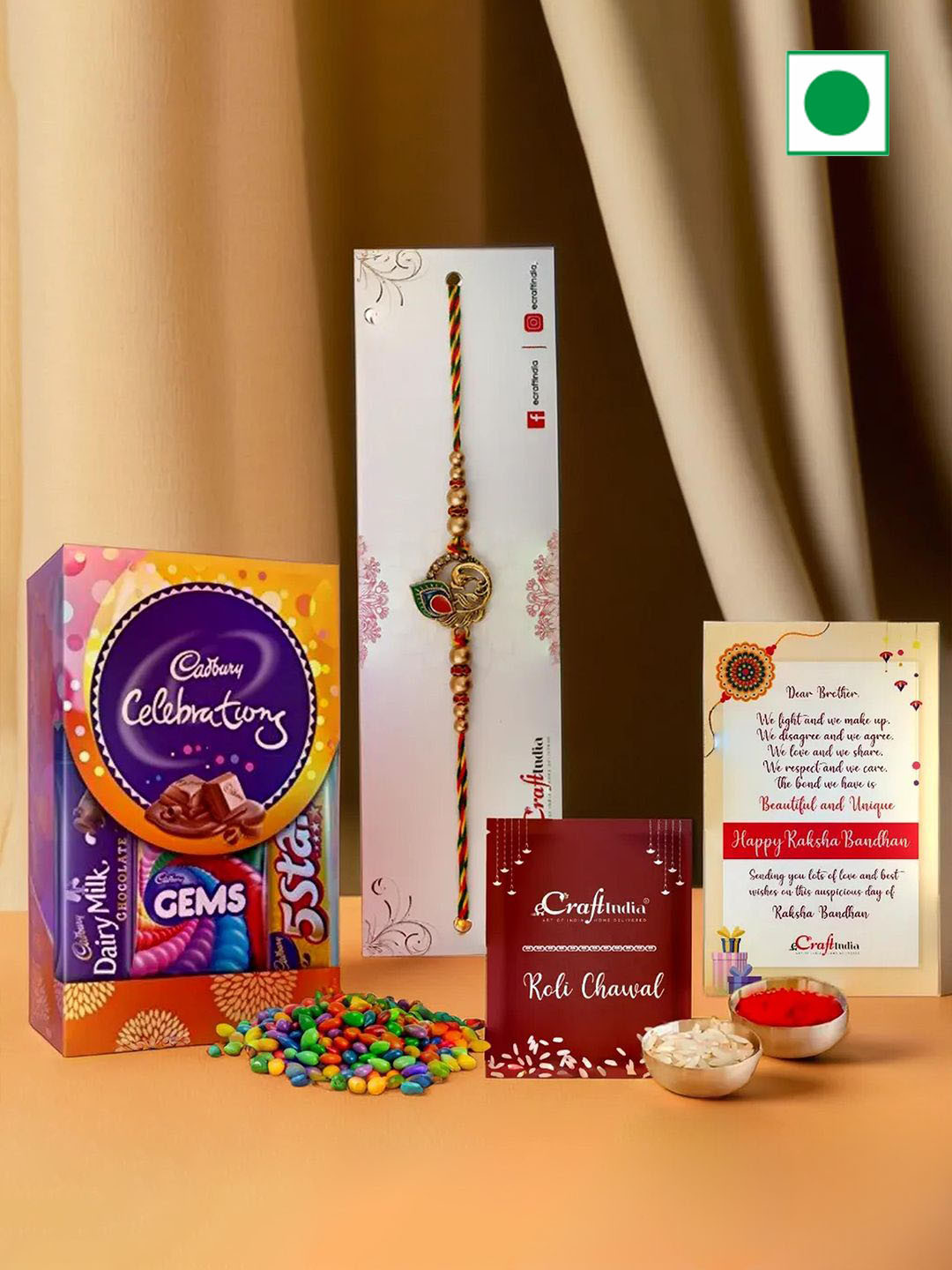 eCraftIndia Peacock Feather Designer Rakhi With Cadbury Celebration & Rholi Chawal