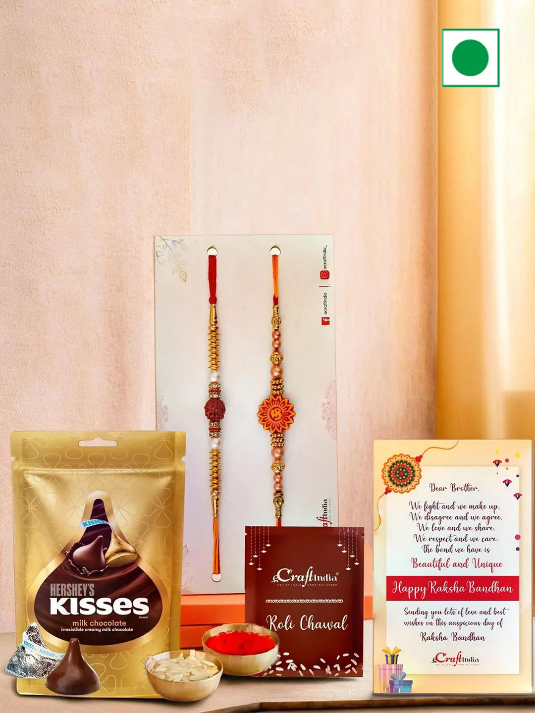 eCraftIndia Set Of 2 Om Rudraksha Rakhis With Milk Chocolate & Rholi Chawal