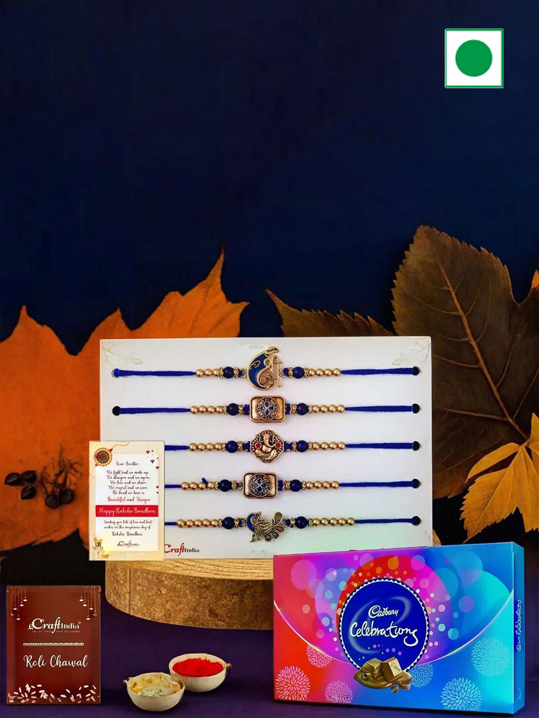 eCraftIndia Set Of 5 Rakhis with Celebrations Box & Greeting Card With Roli Chawal