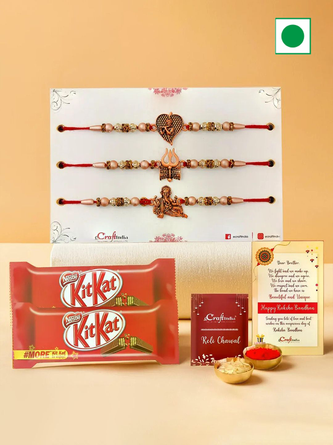 eCraftIndia Set of 3 Rakhis with Kit Kat & Greeting Card With Roli Chawal