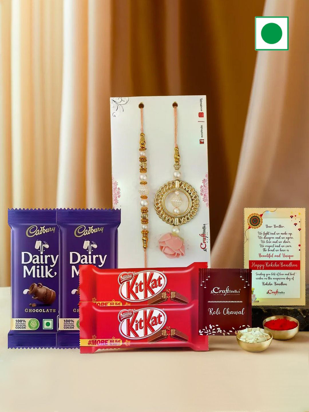 eCraftIndia Set Of 2 Rakhis with Chocolates & Greeting Card With Roli Chawal