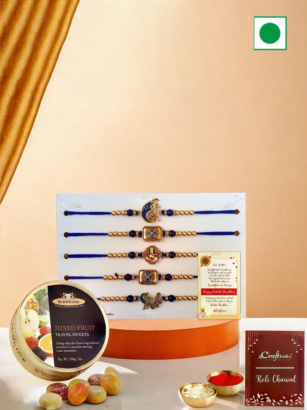 eCraftIndia Set Of 5 Rakhis With Fruit Drops Candy Box & Greeting Card With Roli Chawal
