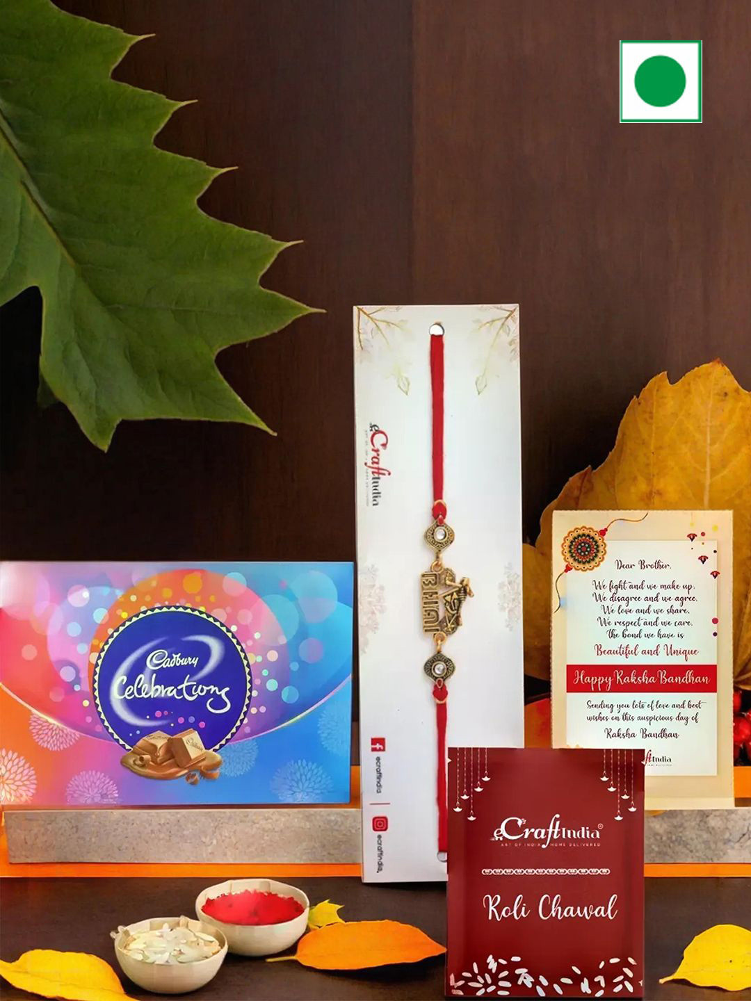eCraftIndia Rakhi With Celebrations Box & Greeting Card With Roli Chawal