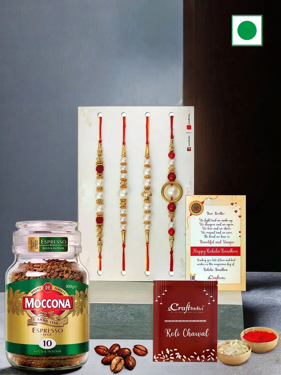 eCraftIndia Set of 4 Rakhis with Coffee Powder & Greeting Card With Roli Chawal