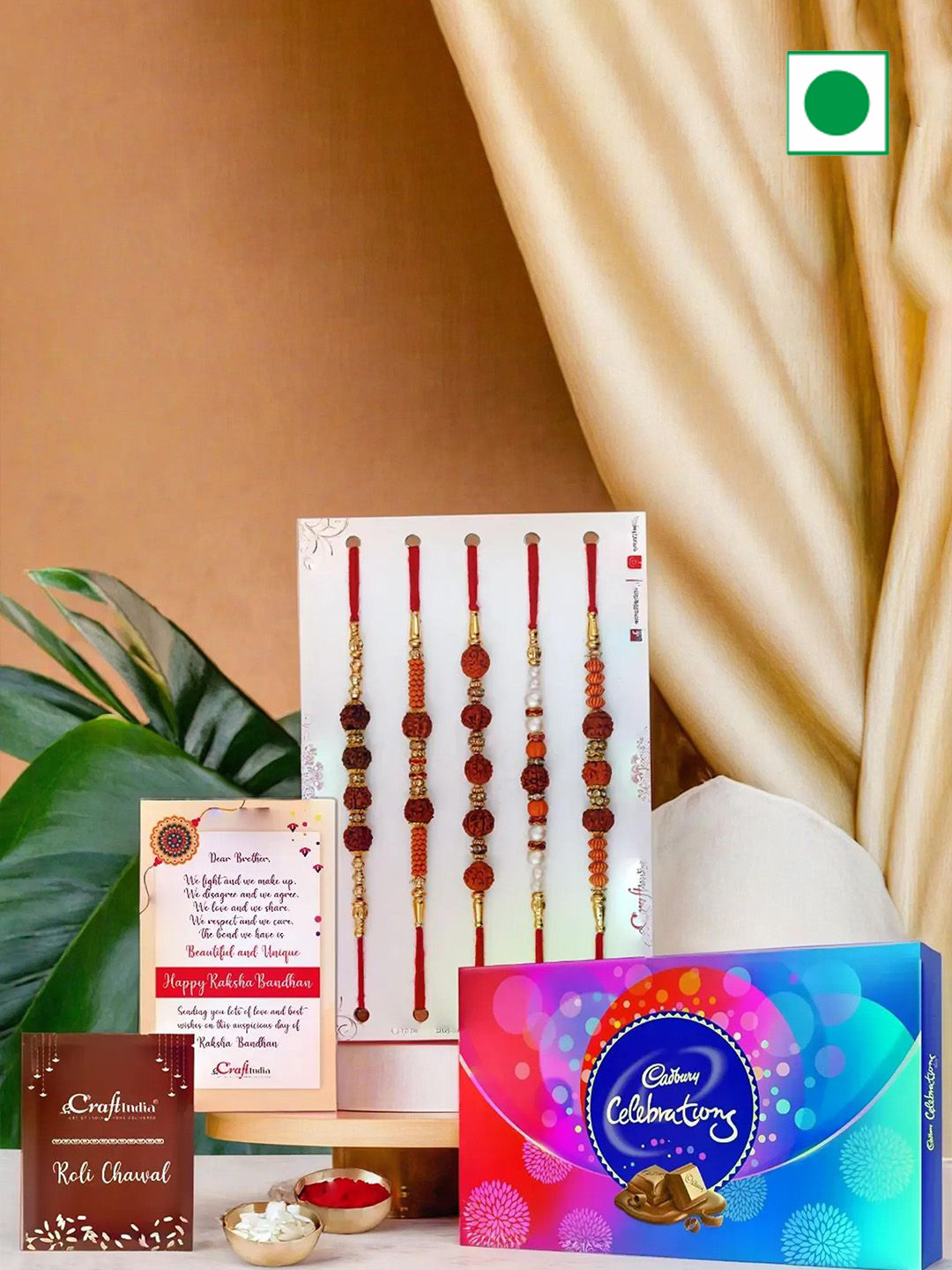 eCraftIndia Set Of 5 Pearl Beaded Rakhis With Cadbury Celebrations With Rholi Chawal