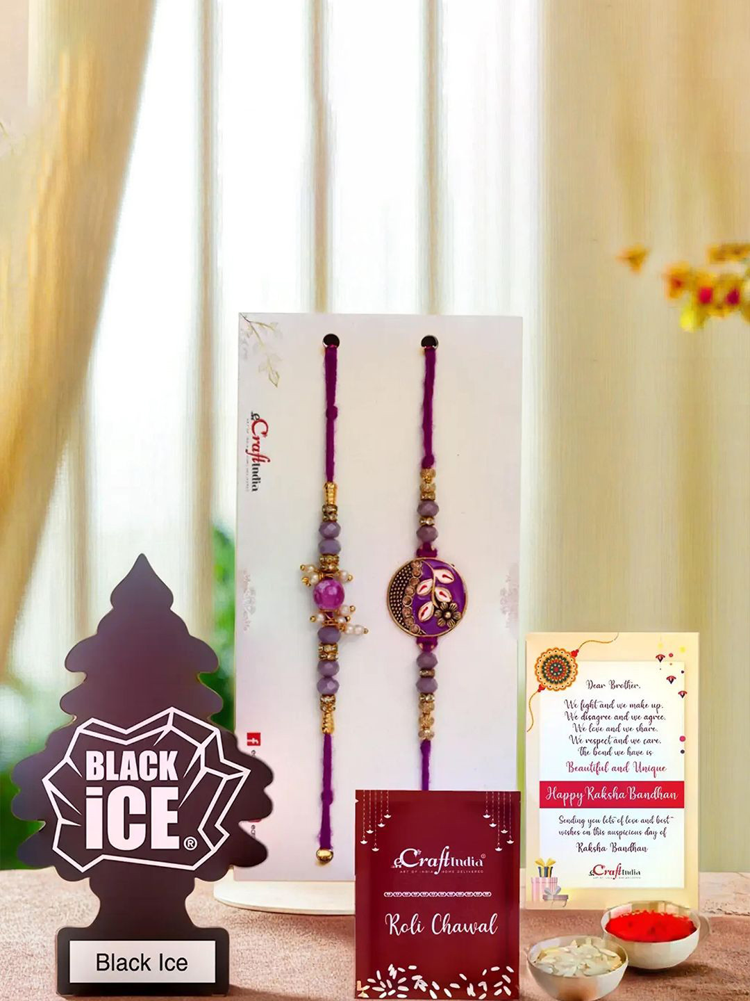 eCraftIndia Set of 3 Purple Rakhi & Black Ice Air Freshener Gift Set