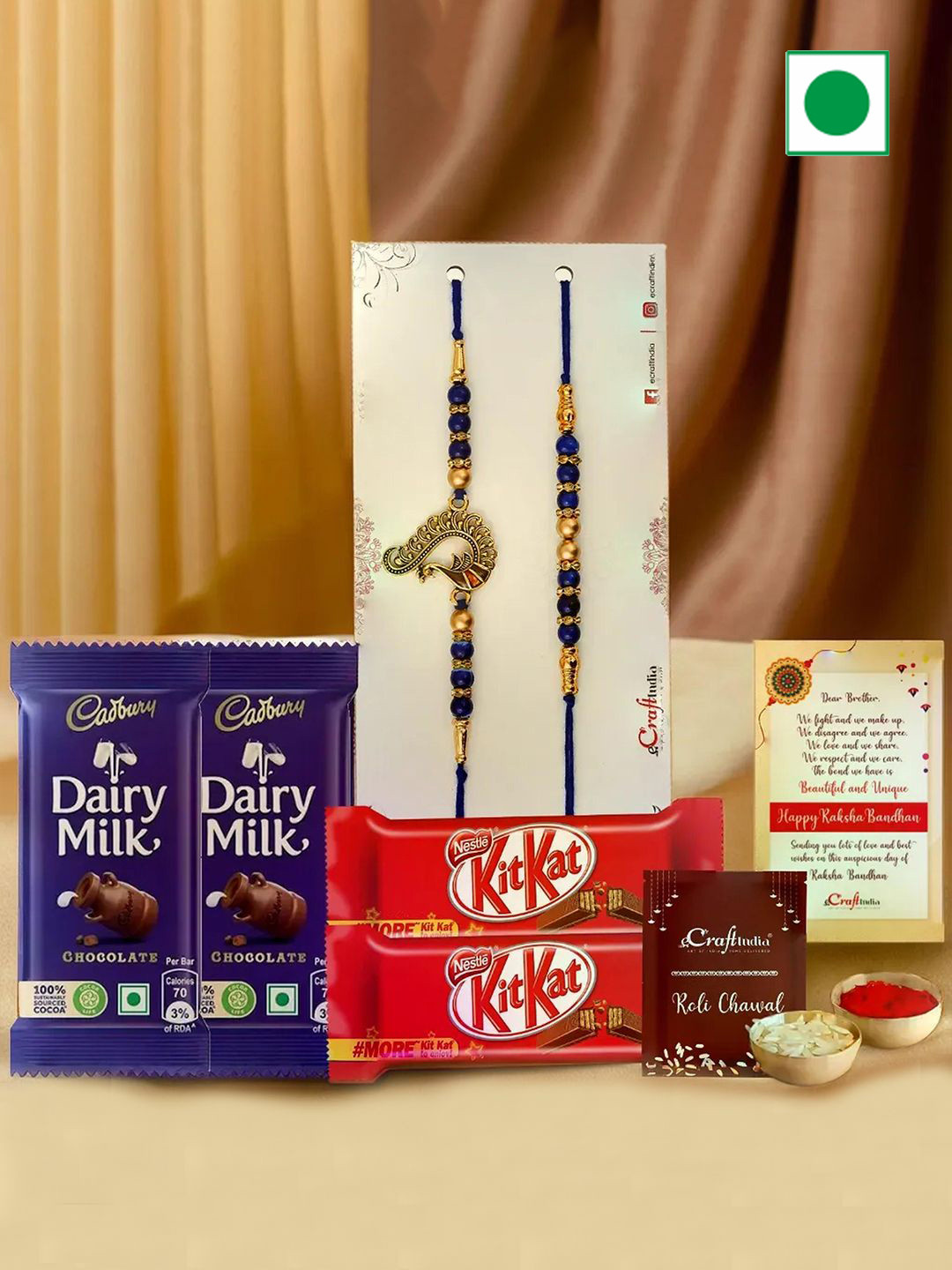eCraftIndia Set Of 2 Rakhis with Chocolates & Greeting Card With Roli Chawal
