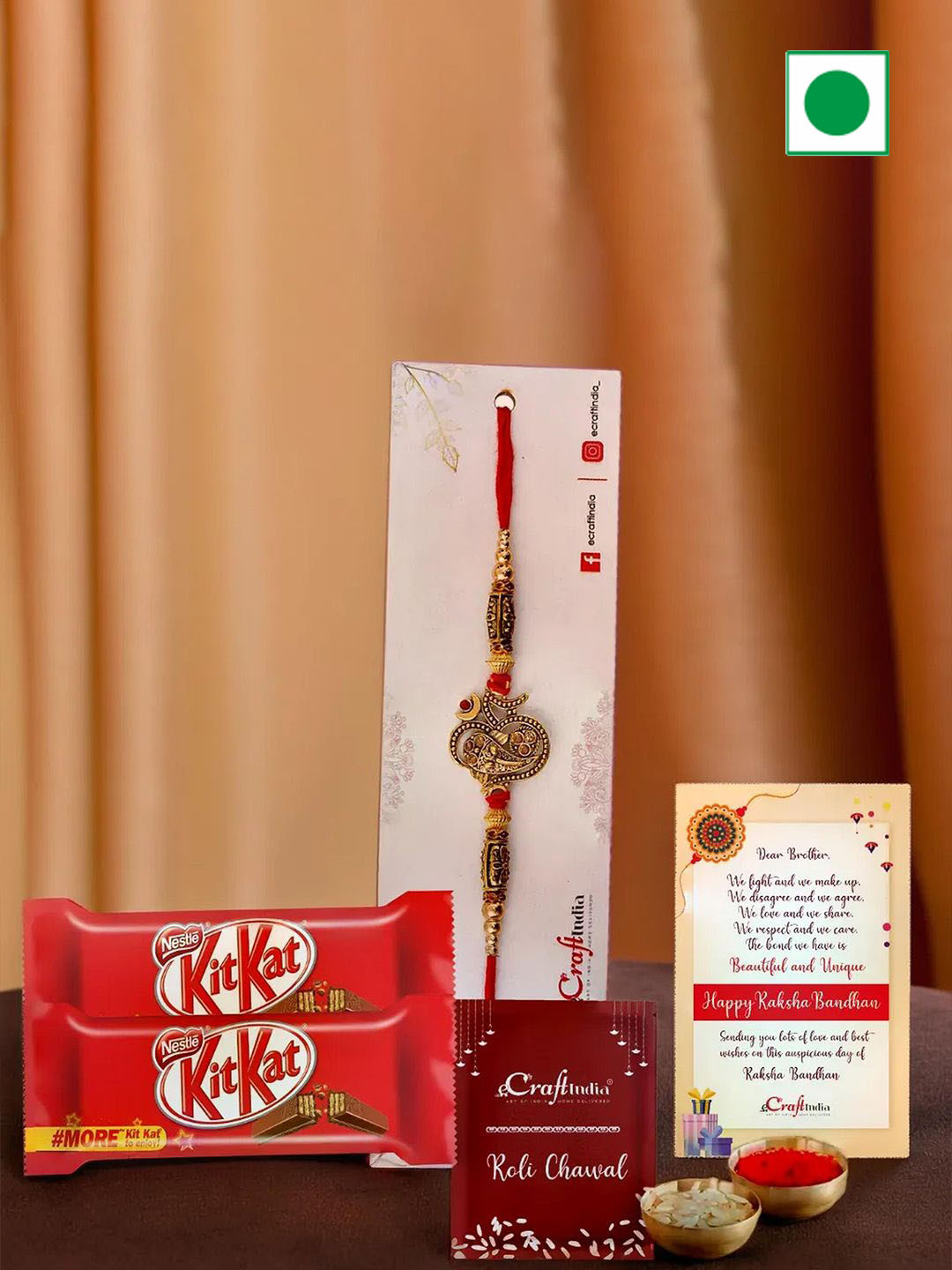 eCraftIndia Set Of 1 Lord Ganesha Rakhi With 2 Chocolate & Greeting Card With Roli Chawal