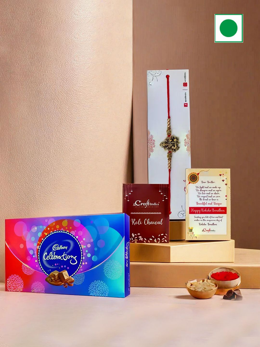 eCraftIndia Designer Ganesha Rakhi with Celebrations Box & Greeting Card With Roli Chawal