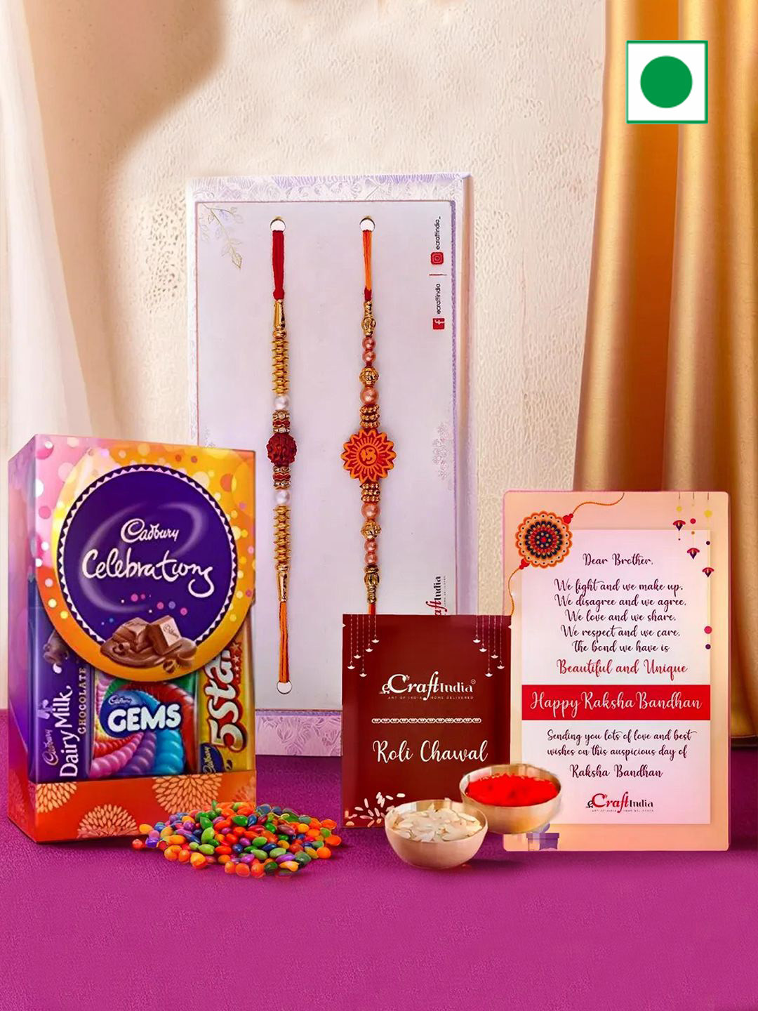 eCraftIndia Set Of 2 Rakhis With Cadbury Celebration Chocolate With Rholi Chawal