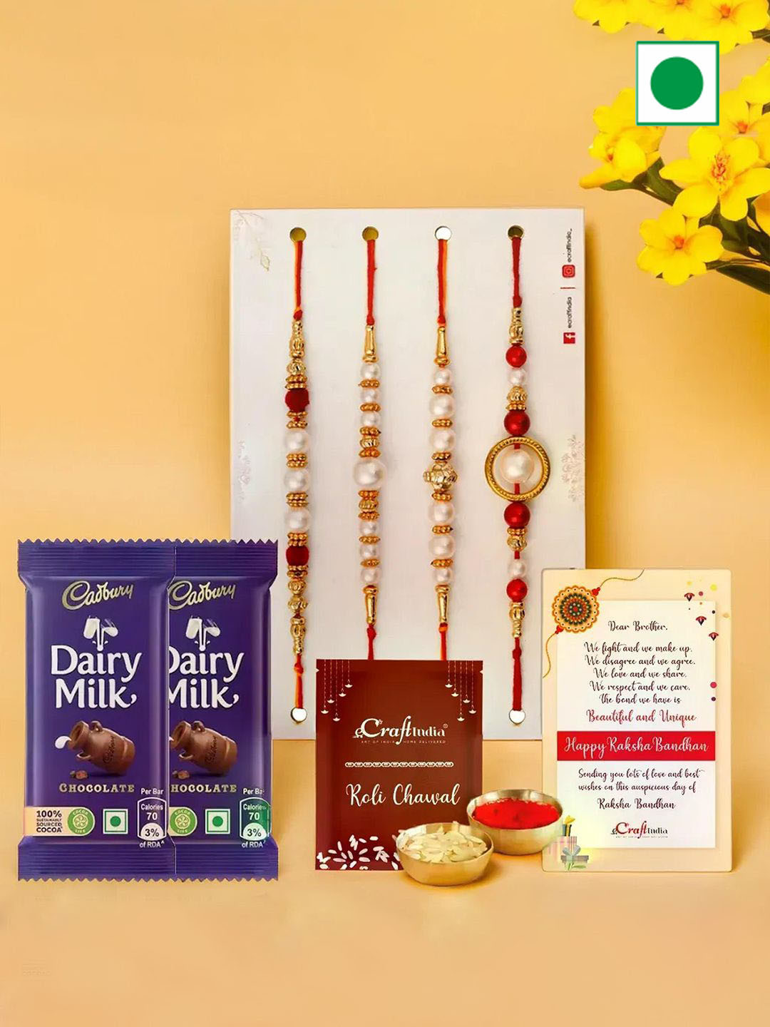 eCraftIndia Set Of 3 Rakhis With 2 Chocolate & Greeting Card With Roli Chawal