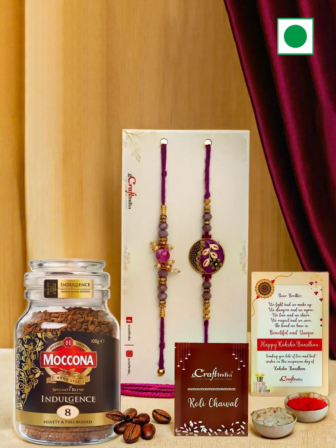 eCraftIndia Set of 2 Rakhis With Moccona Coffee & Greeting Card with Roli Chawal