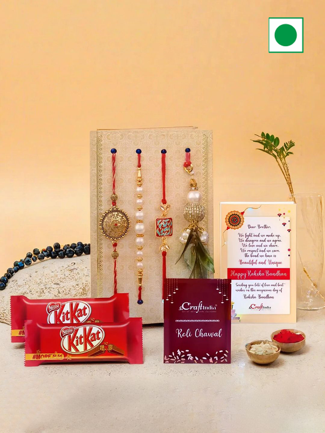 eCraftIndia Set Of 4 Rakhis With Kitkat Chocolate & Rholi Chawal
