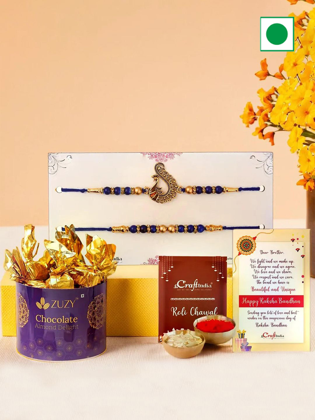 eCraftIndia Set Of 2 Peacock Rakhis With Chocolate Box & Greeting Card With Roli Chawal