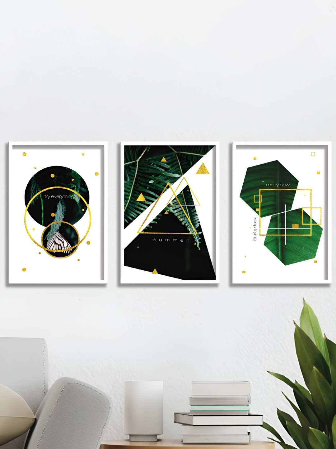 Aura White & Green 3 Pieces Wooden Abstract Wall Art