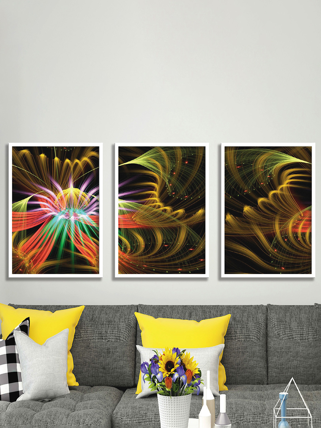 Aura Black & Yellow 3 Pieces Wooden Abstract Wall Art