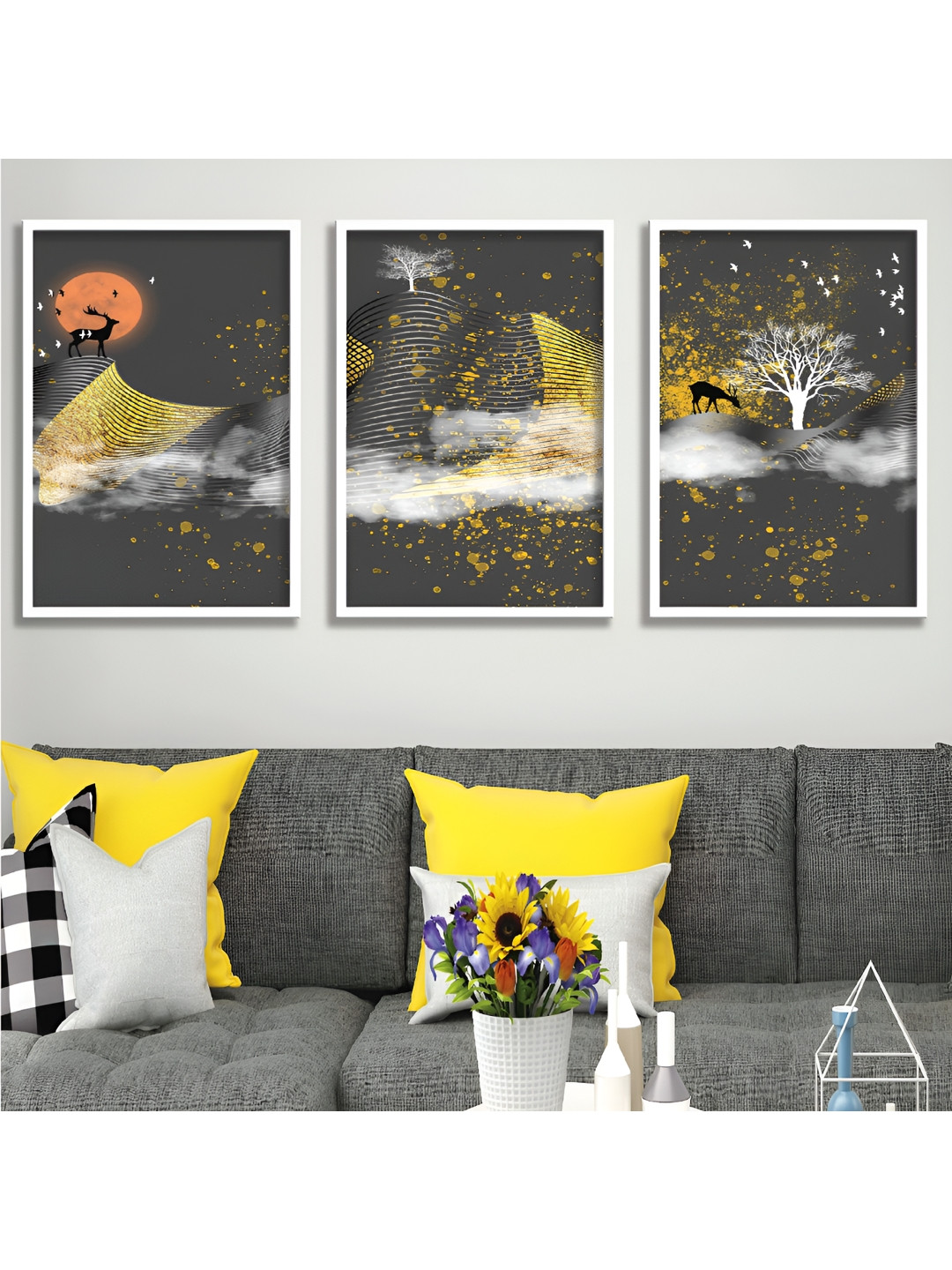 Aura Deer wildlife Wood 3 Piece Wall Rectangle Paintings Wall Art-19.5 x 13.5In