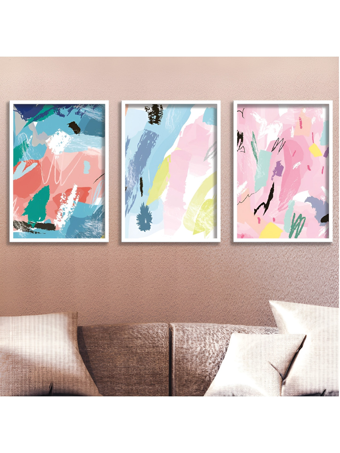 Aura Pink & Blue 3 Pieces Wooden Abstract Wall Art