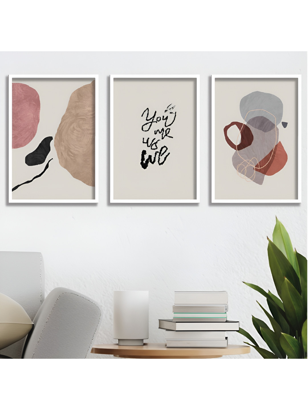 Aura Beige Wood 3 Pcs Wall Living Room Rectangle Paintings Wall Art -34.29 x 49.53In