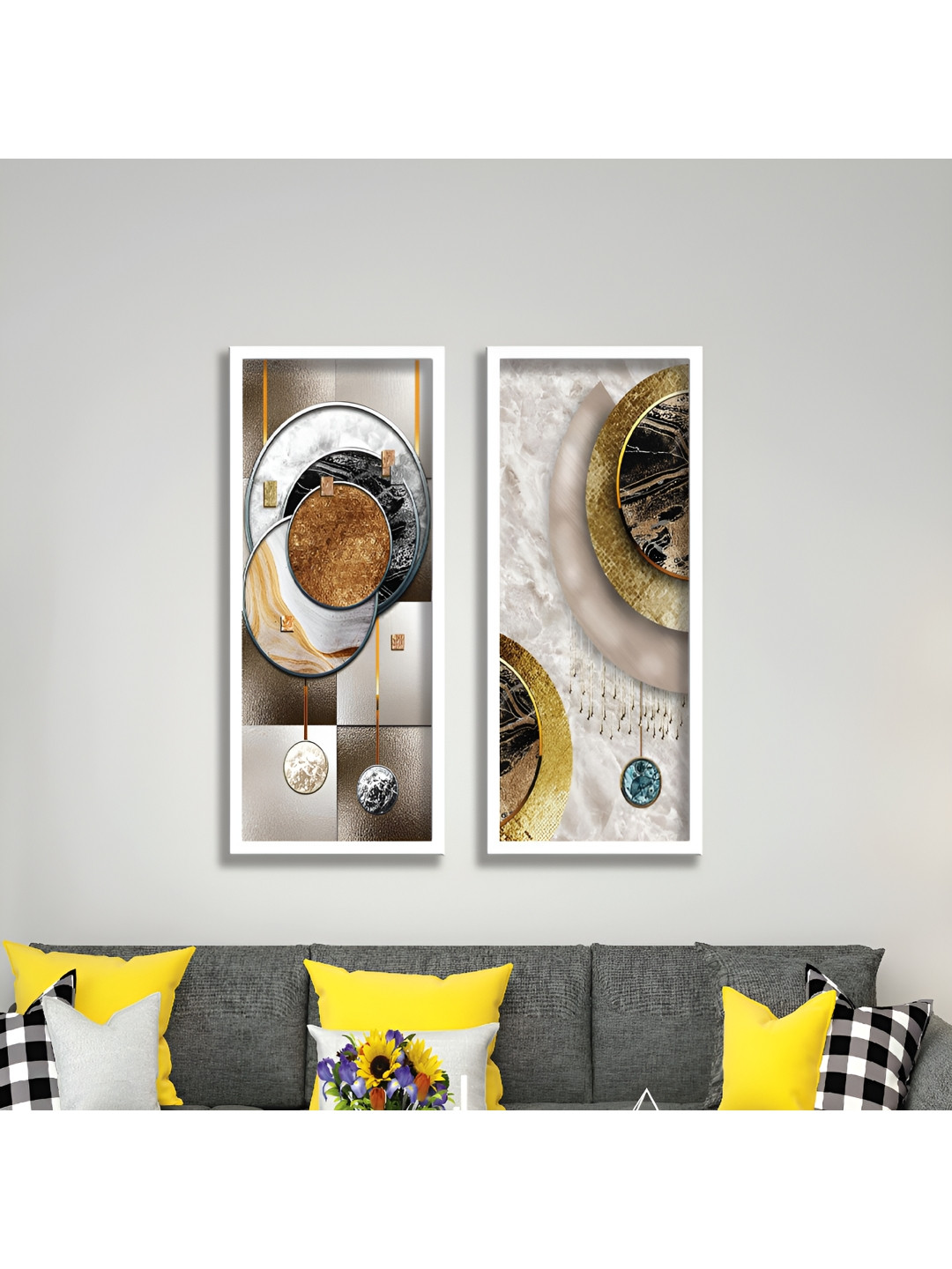 Aura Brown Wood 2 Pcs Wall Living Room Rectangle Potrait Paintings Wall Art -16.5 x 7.5In