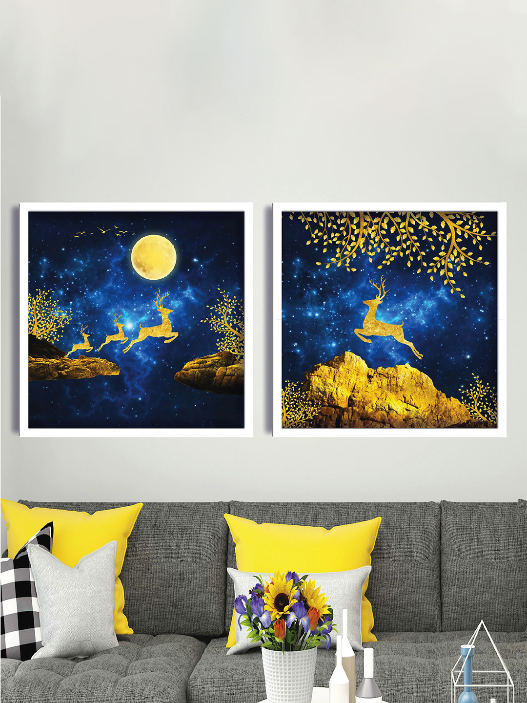 Aura Deer Wildlife Wood 2 Piece Wall Square Paintings Wall Art - 11.5 x 11.5 In