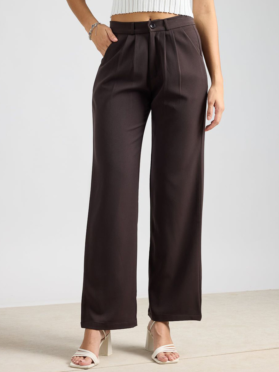 FREAKINS Women's Pleated Dark Brown Korean Pant