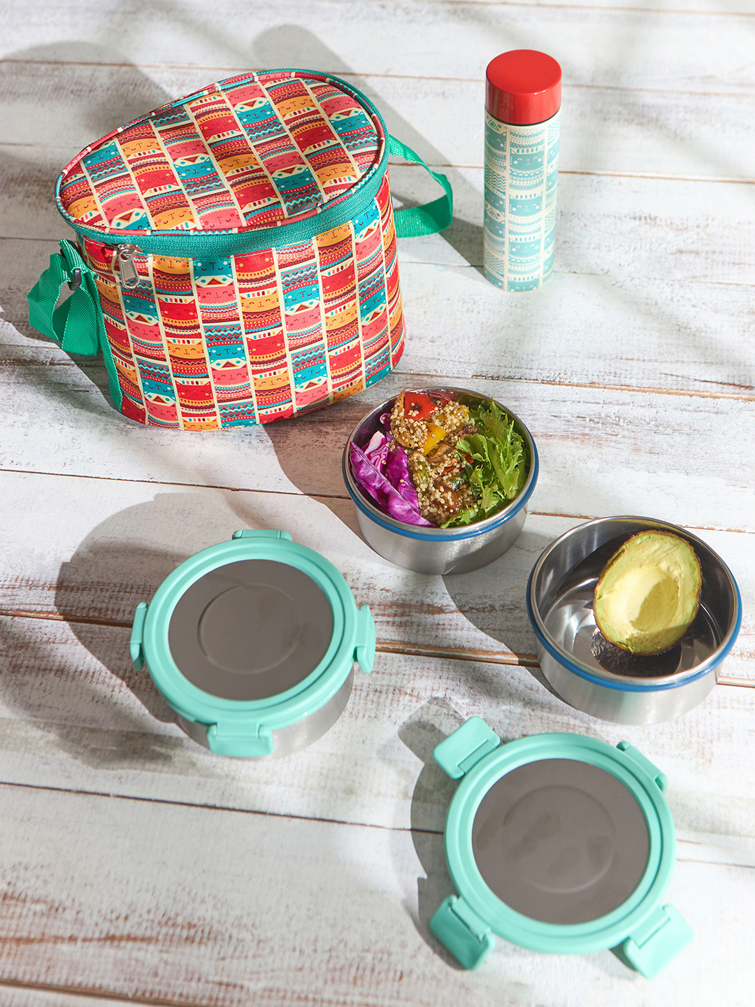 Chumbak Aztec Cats Stainless Steel Dishwasher Safe 5PCs Lunch Box With Spoon and Fork