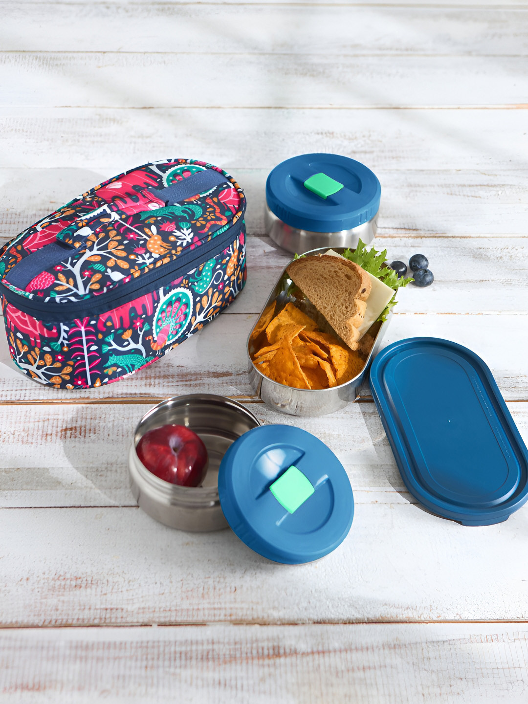 Chumbak Sundarbans Gondh Stainless Steel Dishwasher Safe 4PCs Lunch Box With Spoon & Fork