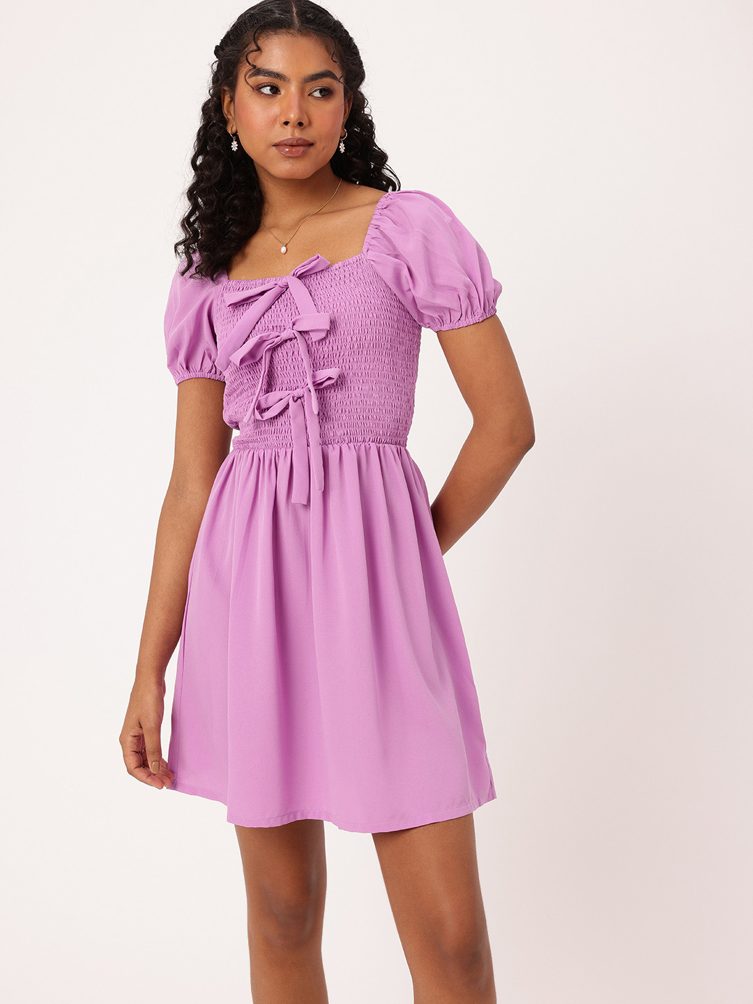 DressBerry Bowed & Smocked A-Line Mini Dress